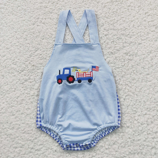 USA Shop Baby Boys Strap Embroidery Truck Dog Flags 4th of July Rompers