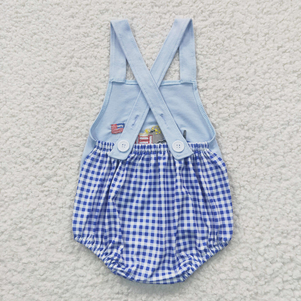 USA Shop Baby Boys Strap Embroidery Truck Dog Flags 4th of July Rompers