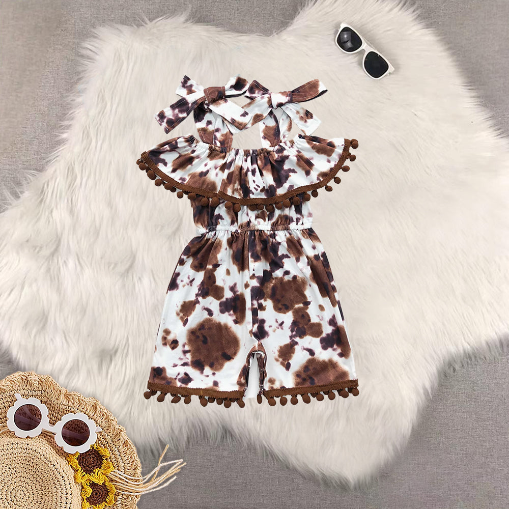 Sibling Baby Girls Summer Cow Print Bow Knee Length Dress Jumpsuit Zipper Rompers