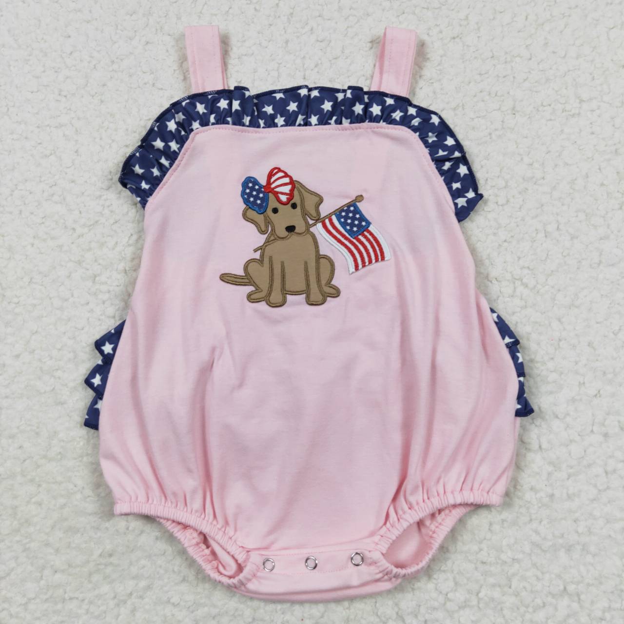 USA Shop Baby Girls Pink Strap Embroidery Dog Flags 4th of July Ruffle Rompers
