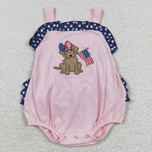 USA Shop Baby Girls Pink Strap Embroidery Dog Flags 4th of July Ruffle Rompers