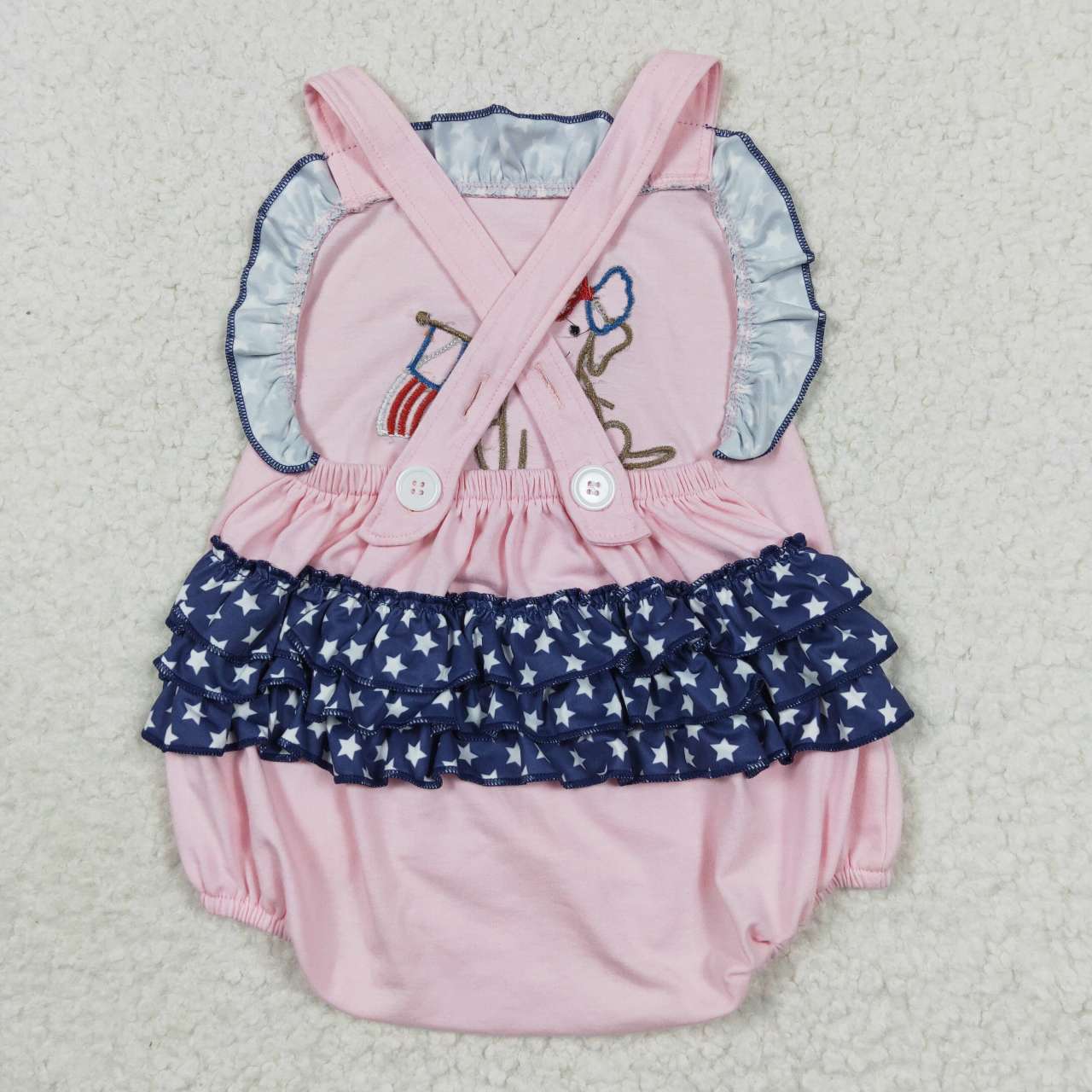 USA Shop Baby Girls Pink Strap Embroidery Dog Flags 4th of July Ruffle Rompers