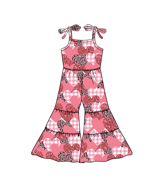 Baby Girls Valentines Hearts Leopard Straps Bell Bottom Jumpsuits preorder