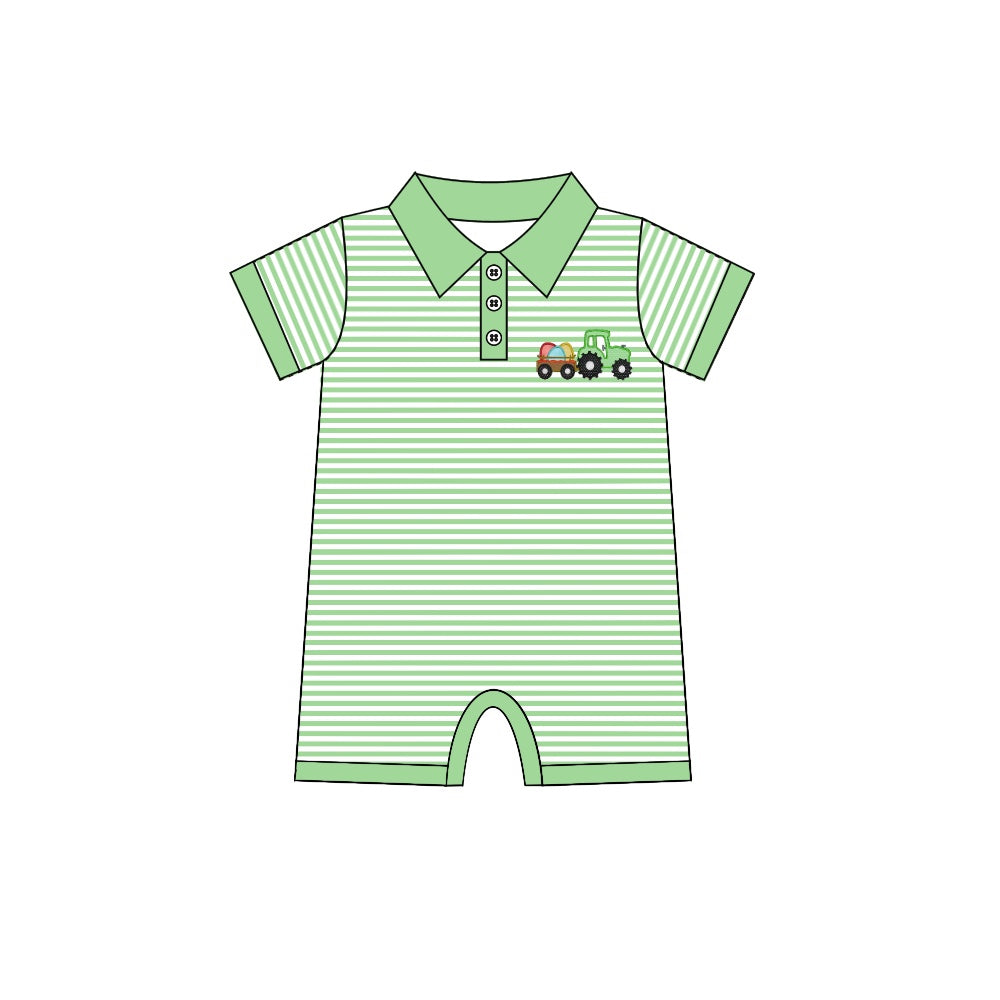 Baby Infant Boys Green Stripes Eggs Tractor Short Sleeve Rompers preorder