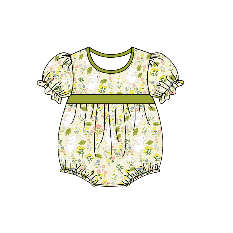 Baby Girls Easter Green Leaves Rabbit Short Sleeve Rompers preorder