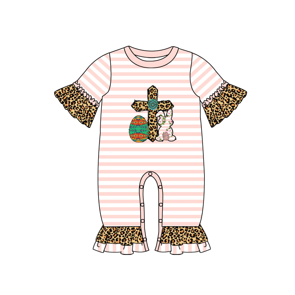 Baby Girls Pink Stripes Easter Rabbit Cross Short Sleeve Rompers preorder