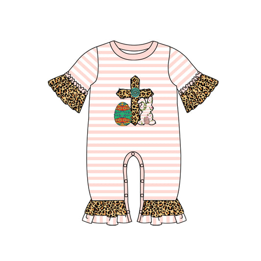 Baby Girls Pink Stripes Easter Rabbit Cross Short Sleeve Rompers preorder