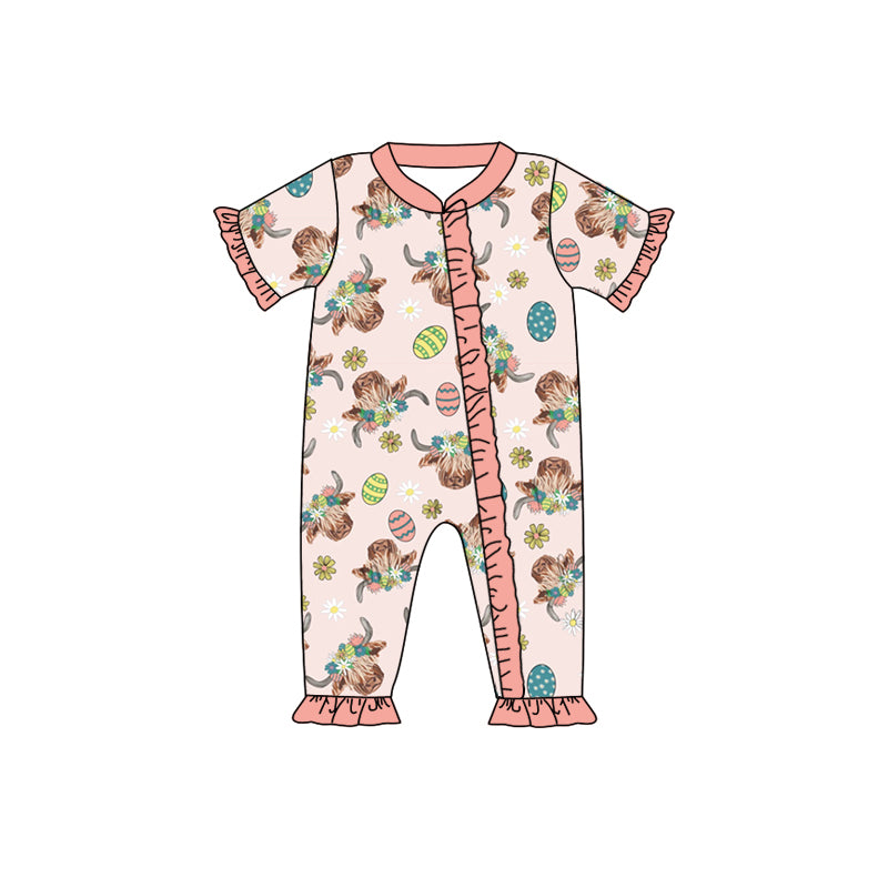 Baby Girls Pink Highland Cow Eggs Short Sleeve Rompers preorder