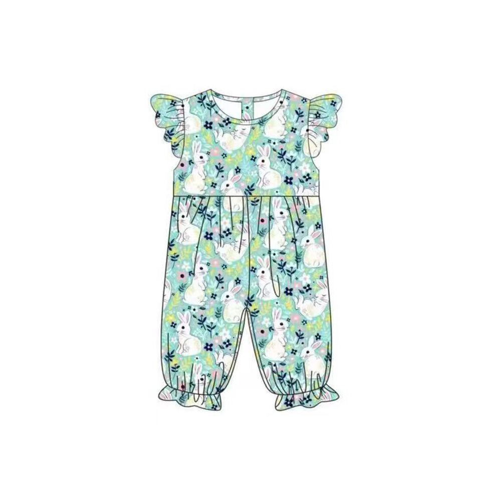 Baby Girls Green Flowers Rabbit Easter Flutter Sleeve Rompers preorder