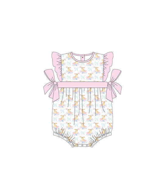 Baby Girls Pink Bows Rabbits Easter Ruffle Rompers preorder