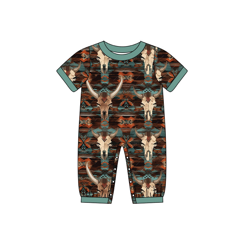 Baby Infant Boys Summer Western Cow Skull Aztec Rompers preorder