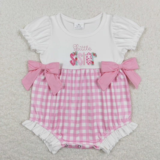 USA Shop Baby Girls Short Sleeve Little Sister Pink Checked Bows Ruffle Rompers