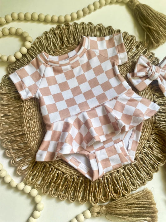 Baby Infant Girls Khaki Checkered Short Sleeve Rompers preorder