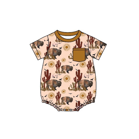 Baby Infant Boys Short Sleeve Cows Cactus Pocket Rompers preorder