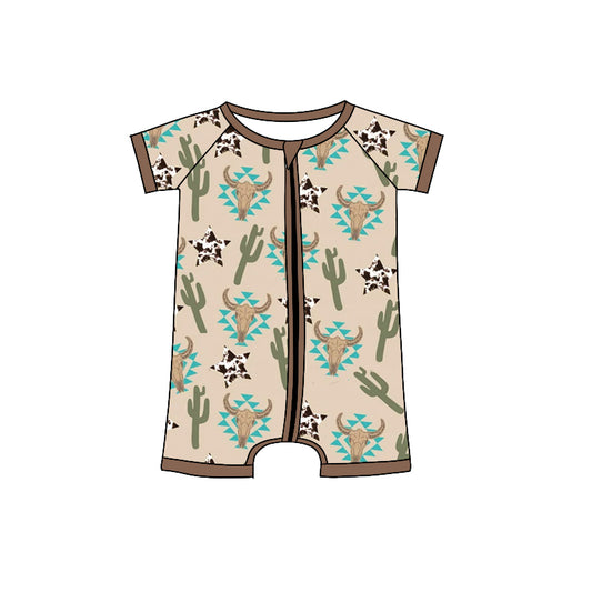 Baby Infant Boys Short Sleeve Western Cow Aztec Zipper Rompers preorder