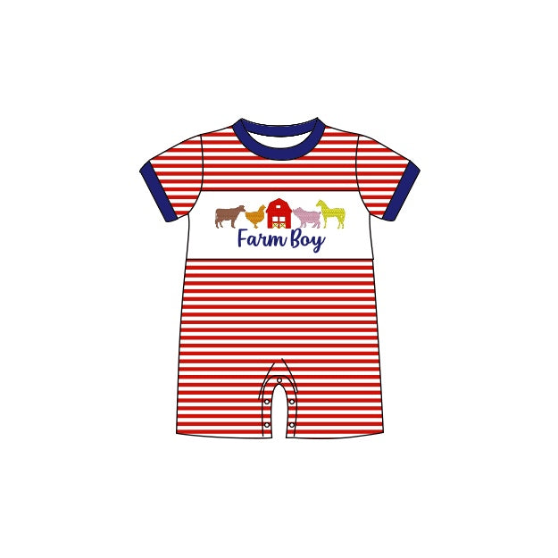 Baby Infant Boys Farm Red Stripes Short Sleeve Rompers preorder