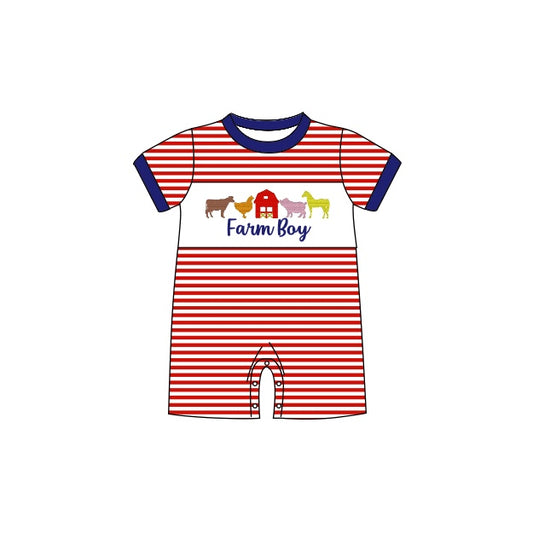 Baby Infant Boys Farm Red Stripes Short Sleeve Rompers preorder