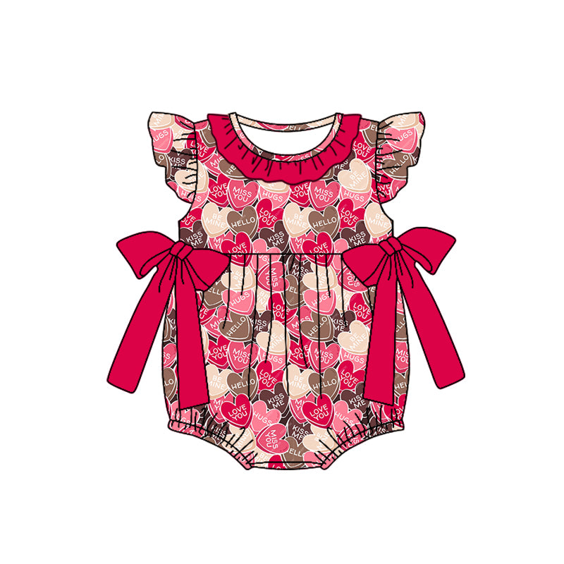 Baby Infant Girls Red Hearts Bows Flutter Sleeve Rompers preorder