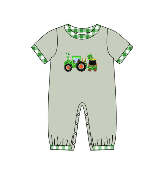 Baby Infant Boys St Patrick Day Quatrefoil Tractor Short Sleeve Rompers preorder