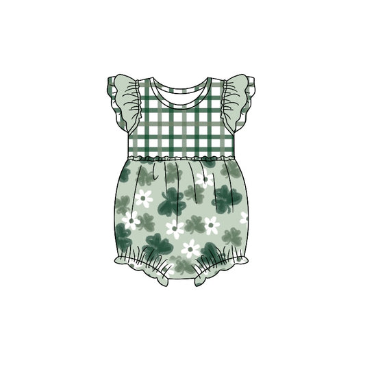 Baby Infant Girls St Patrick Day Quatrefoil Flutter Sleeve Rompers preorder