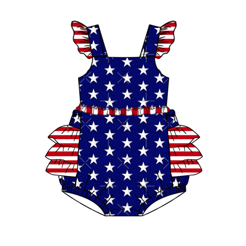 Baby Infant Girls Flutter Sleeve 4th Of July Stars Rompers preorder