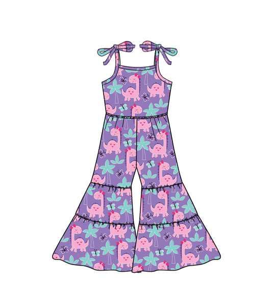 Baby Girls Toddler Purple Dinosaurs Bows Straps Bell Pants Jumpsuits Preorder