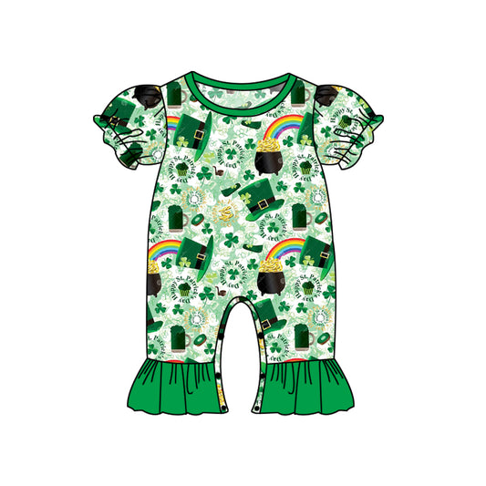 Baby Infant Girls St Patrick Day Green Hats Quatrefoil Rompers preorder