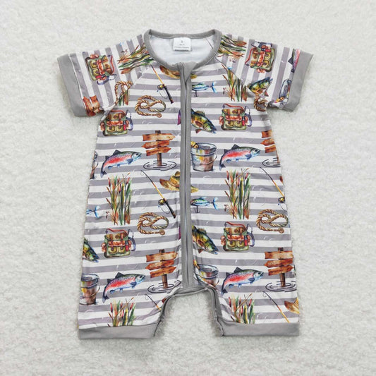 USA Shop Baby Boys Short Sleeve Stripe Fishing Hunting Zipper Rompers