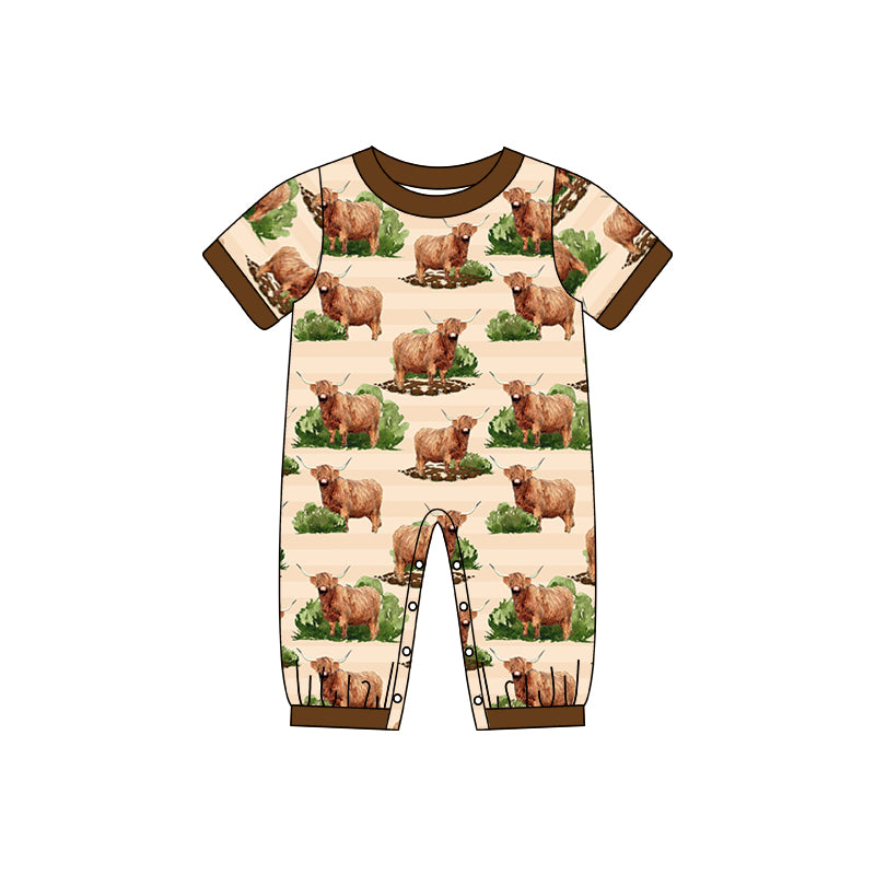 Baby Boys Highland Cow Western Summer Short Sleeve Zip Rompers preorder