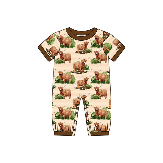 Baby Boys Highland Cow Western Summer Short Sleeve Zip Rompers preorder