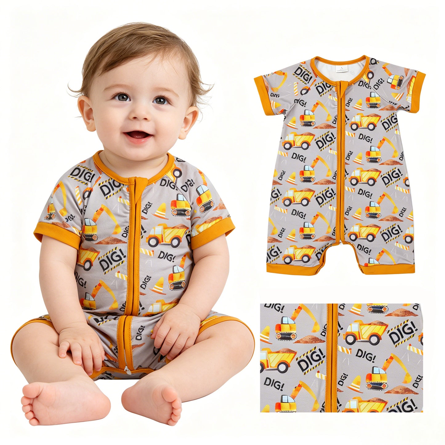 Baby Boys Short Sleeve Digger Excavators Summer Zip Rompers