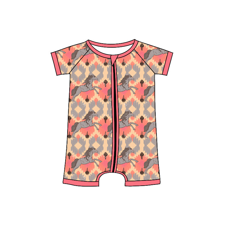 Baby Infant Boys Horse Aztec Short Sleeve Zip Rompers preorder