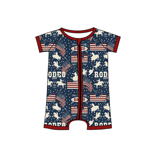 Baby Infant Boys Rodeo Flag 4th Of July Short Sleeve Zip Rompers preorder