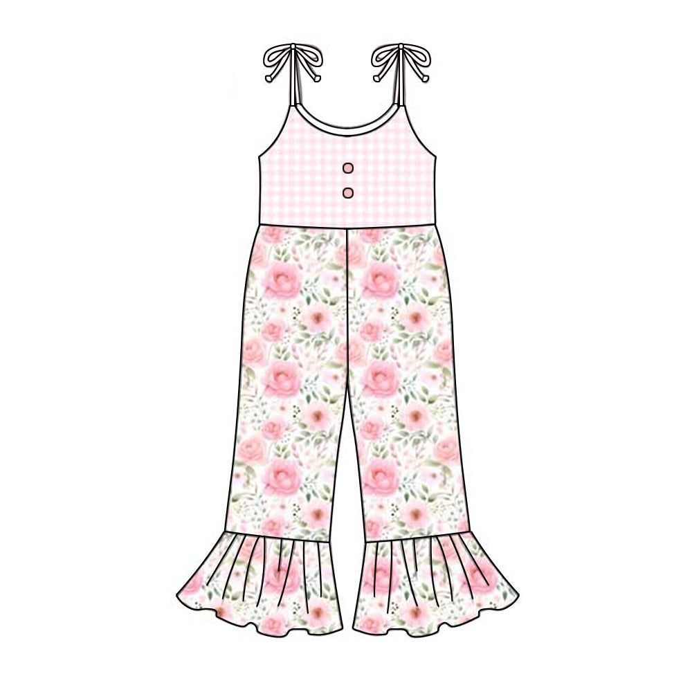 Baby Girls Pink Checkered Straps Flowers Bell Pants Jumpsuits Preorder