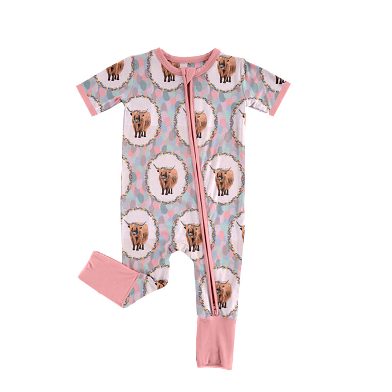 Baby Infant Girls Highland Cow Pink Zip Sleepers Rompers preorder