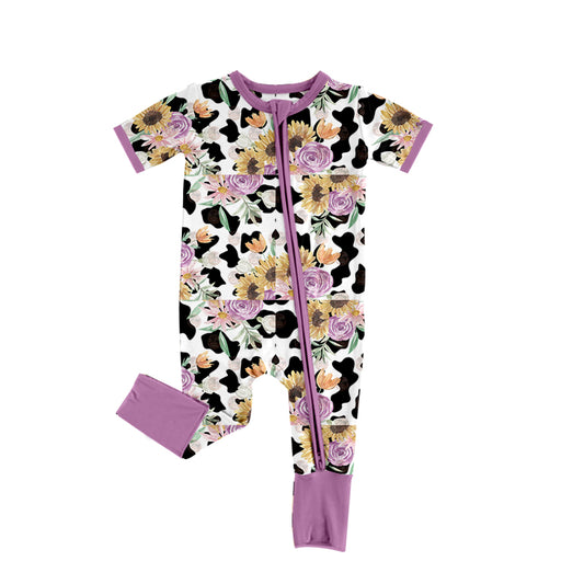 Baby Infant Girls Purple Flowers Short Sleeve Zip Rompers preorder