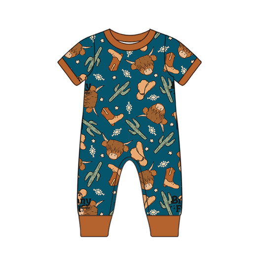 Baby Infant Boys Western Highland Cow Hats Short Sleeve Rompers preorder