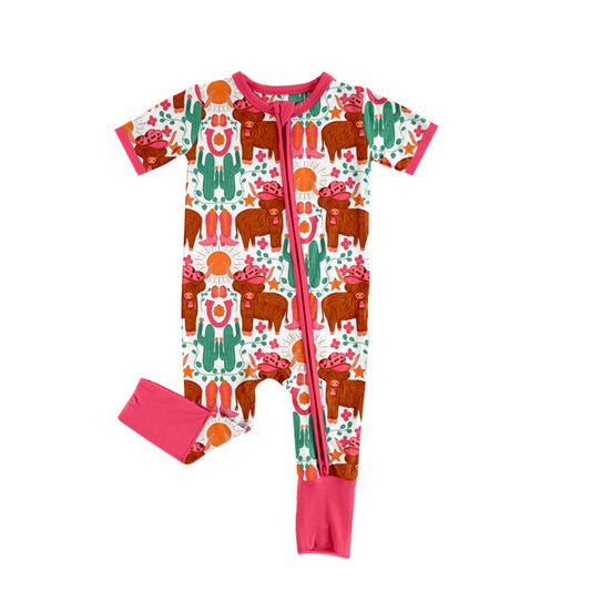 Baby Infant Girls Highland Cow Boots Cactus Short Sleeve Zip Rompers preorder