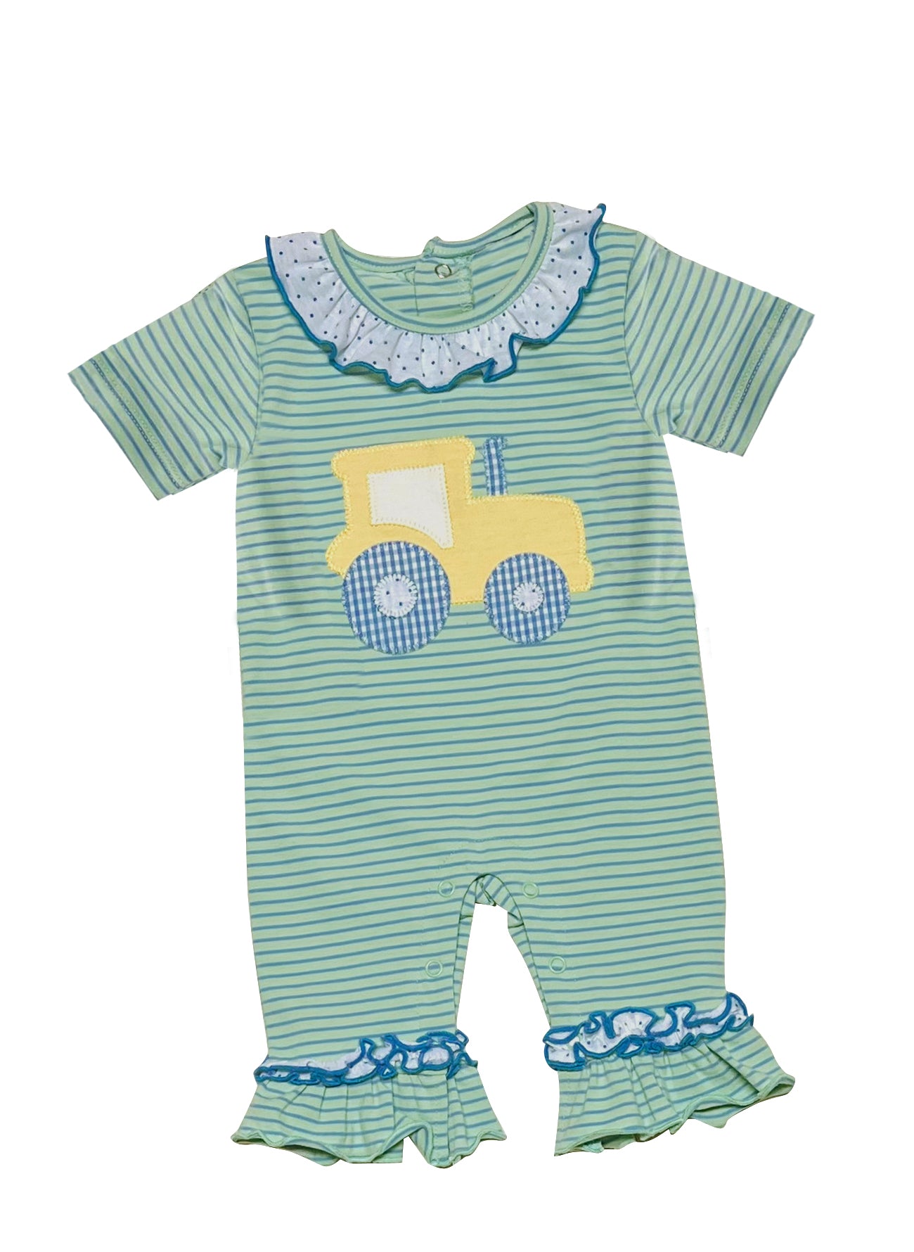 Baby Infant Girls Green Stripes Tractor Short Sleeve Rompers preorder