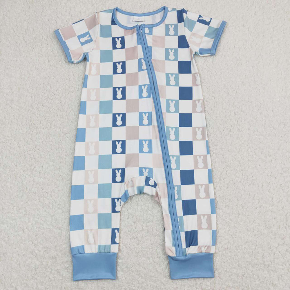 Sibling Baby Boys Blue Checkered Rabbits Rompers Pajamas Outfits Sets