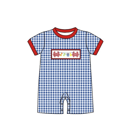 Baby Infant Boys Blue Checkered Crabs Rompers preorder