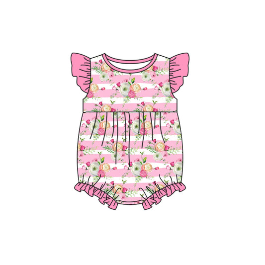 Baby Infant Girls Pink Stripes Flowers Flutter Sleeve Rompers preorder