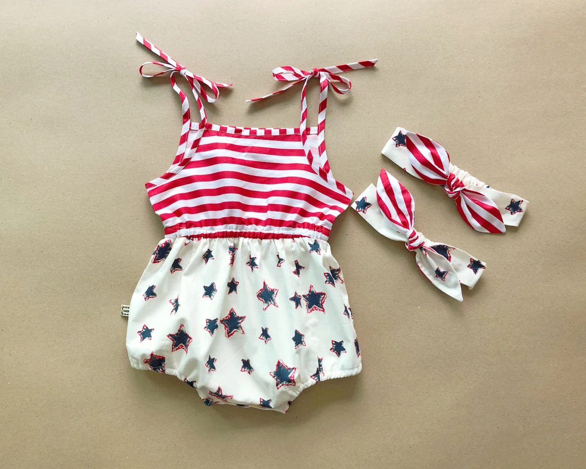 Baby Infant Girls 4th Of July Stripes Stars Rompers preorder