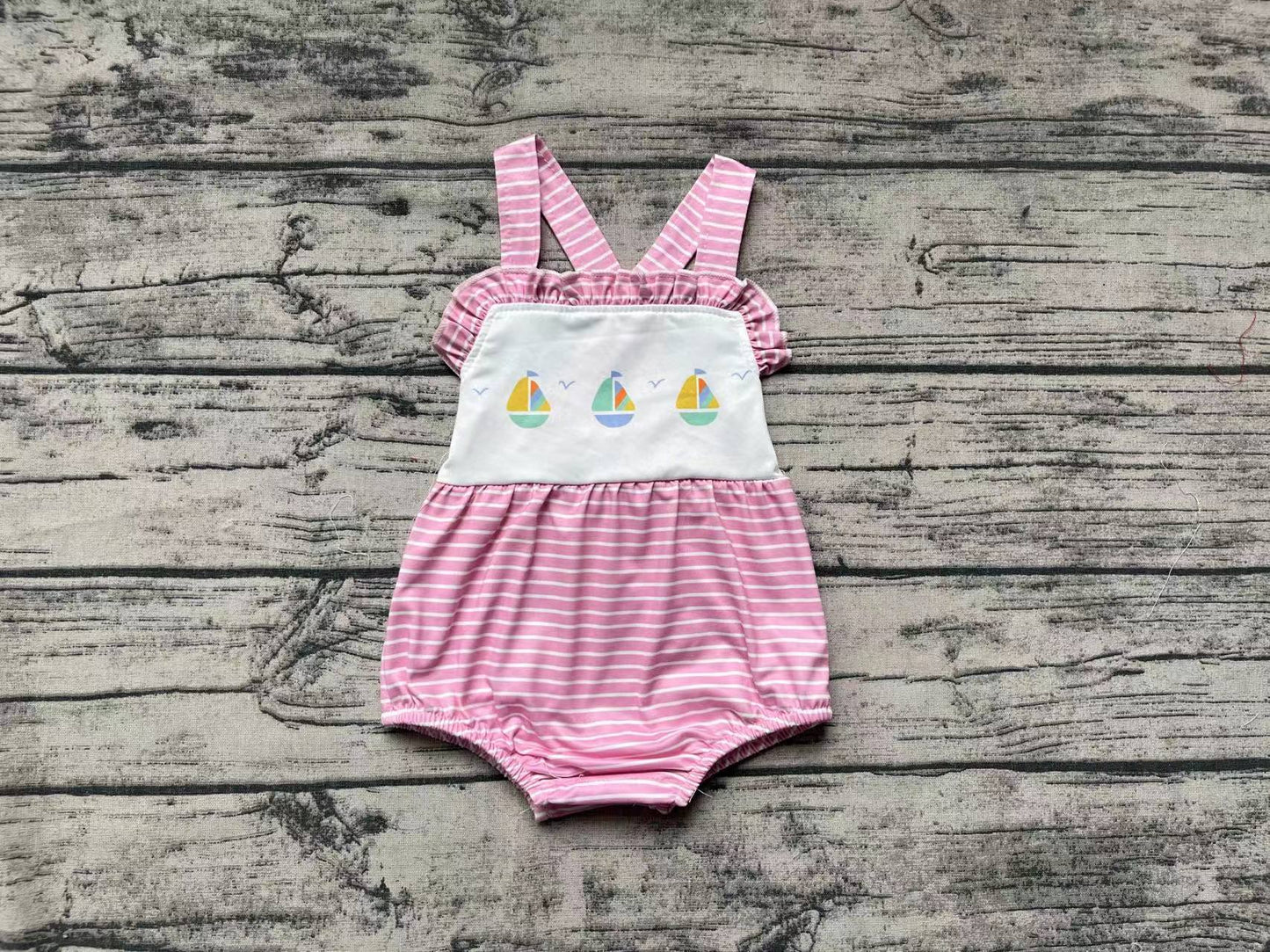 Baby Infant Girls Pink Stripes Sailboat Straps Summer Rompers