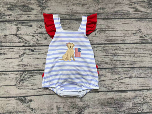 Baby Infant Girls Blue Stripes Dog Flag Straps Summer Rompers preorder