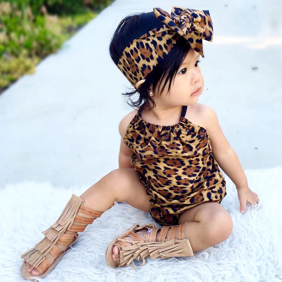 Baby Infant Girls Leopard Brown Halter Rompers preorder