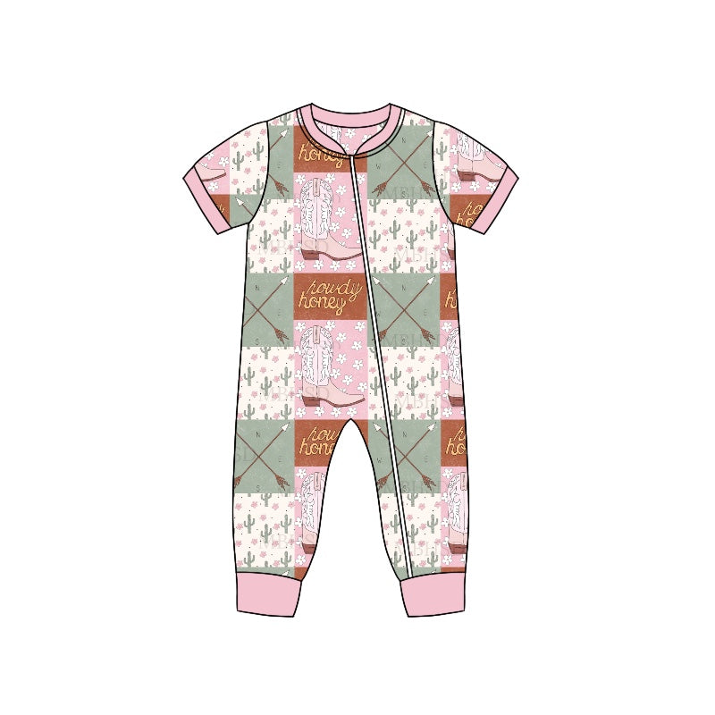 Baby Infant Girls Boots Western Cactus Howdy Zip Rompers preorder