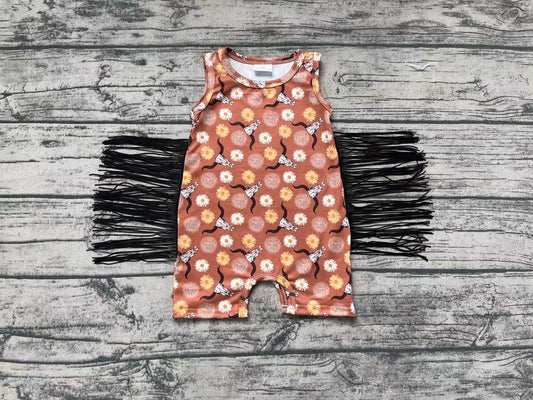 Baby Infant Girls Fringe Western Cow Flowers Sleeveless Rompers