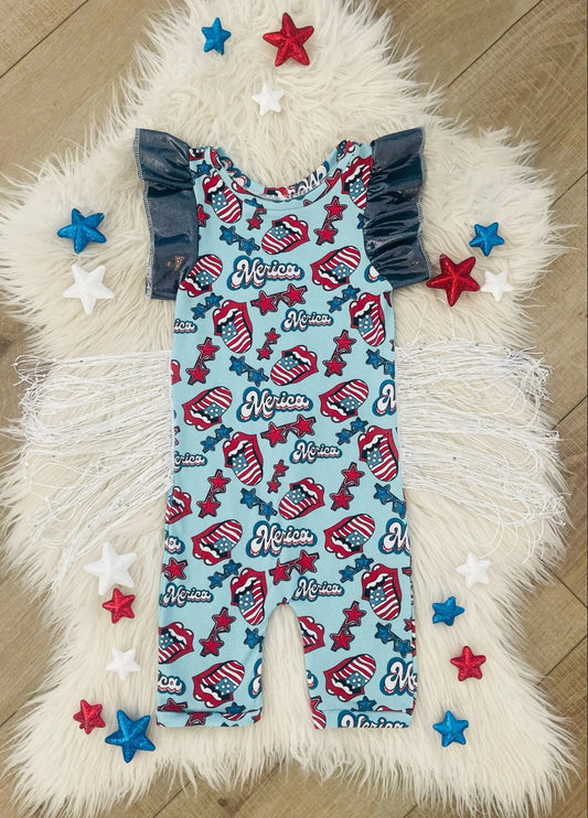 Baby Infant Girls Fringe 4th Of July Flags Flutter Sleeve Rompers preorder