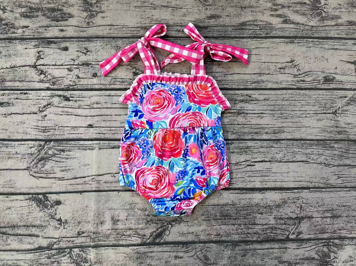 Baby Infant Girls Blue Pink Flowers Straps Rompers
